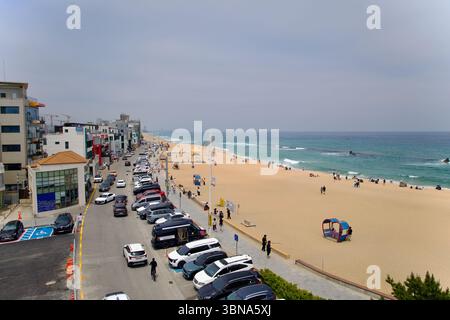 Gangneung City, Südkorea - 1. Juni 2025: Ein weites Panorama fängt den Sandstrand und die befahrene Straße entlang der Gangneung Coffee Street ein, wo geparkte Autos und b Stockfoto
