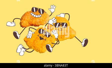 Verspielte Cartoon Chicken Nuggets mit Sonnenbrille auf gelbem Hintergrund. Fastfood-Werbung Stockfoto