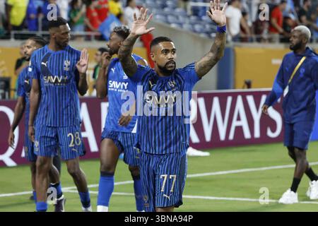 Malcom Filipe Silva de Oliveira aus Al-Hilal feiert den Sieg nach der FIFA Club-Weltmeisterschaft 2025, dem Achtelfinale, dem Fußballspiel zwischen Manchester City und Al-Hilal am 30. Juni 2025 im Camping World Stadium in Orlando, Florida, USA Stockfoto
