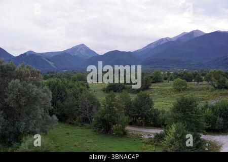 Eine ruhige Berglandschaft mit einem üppig grünen Tal im Vordergrund. Das Tal ist mit Bäumen und Büschen gespickt, und ein unbefestigter Weg oder Pfad schlängelt sich durch das Tal. Die Berge im Hintergrund sind von einer Mischung aus grüner und brauner Vegetation bedeckt, mit einigen felsigen Gipfeln. Der Himmel ist bedeckt und hat eine hellgraue oder weiße Farbe. Das Bild wird von einem hohen Aussichtspunkt aufgenommen und bietet einen Panoramablick auf das Tal und die majestätischen Berge. Bansko ist eine malerische Stadt im Südwesten Bulgariens, eingebettet am Fuße des Pirin-Gebirges. Stockfoto