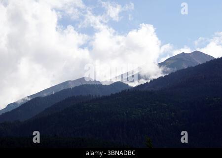 Eine majestätische Bergkette mit einer Mischung aus grünen und braunen/grauen Bergen. Die Berge sind von einem dichten Wald aus dunkelgrünen Bäumen bedeckt, wobei einige Bereiche braun oder grau erscheinen, möglicherweise aufgrund von freiliegendem Fels oder Boden. Der Himmel darüber ist ein klares Blau mit flauschigen weißen Wolken. Die Perspektive des Bildes ist aus einem niedrigen Winkel, der auf die majestätischen Berge blickt und ein Gefühl von Größe und Größe schafft. Das Bild ist frei von Text oder von Menschen geschaffenen Objekten und konzentriert sich ausschließlich auf die natürliche Schönheit der Landschaft. Bansko ist ein malerischer Anhänger mit Blick auf das Auge eines Künstlers und einer fantasievollen Bildunterschrift Stockfoto