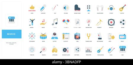 Farbenfrohe Symbole für flache Musik, einschließlich Instrumente, Audiogeräte und App-Symbole, die perfekt für Web-, App- und kreatives Design sind. Verwenden Sie isolierte Vektorillustration Stock Vektor