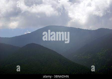 Eine majestätische Bergkette mit einer Mischung aus Grün- und Brauntönen. Die Berge sind von einem dichten Wald aus Bäumen bedeckt, wobei die Gipfel und Täler ein Gefühl von Tiefe und Größe vermitteln. Der Himmel ist voller Wolken, die ein weiches Licht über die Szene werfen. Das Bild wird von einem hohen Aussichtspunkt aufgenommen und bietet einen Panoramablick auf die Berge und ihre Umgebung. Die Berge scheinen von einer Mischung aus Nadel- und Laubbäumen bedeckt zu sein, und das Bild ist frei von menschlicher Präsenz oder Aktivität. Bansko ist eine malerische Stadt im Südwesten Bulgariens Stockfoto
