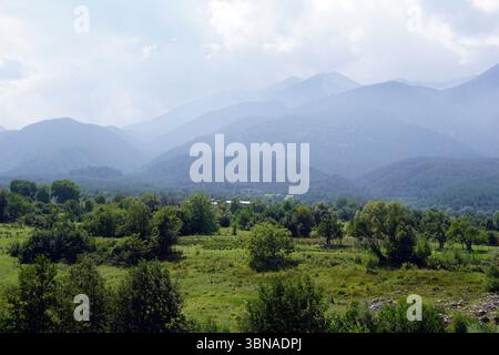 Eine ruhige Landschaft mit einem üppigen grünen Feld im Vordergrund, gespickt mit Bäumen und Büschen. Jenseits des Feldes erstreckt sich eine Reihe majestätischer Berge über den Horizont, deren Gipfel von einem trüben hellblau/grauen Himmel umhüllt sind. Die Berge scheinen von einer Mischung von Bäumen und möglicherweise etwas Vegetation bedeckt zu sein. Ein kleines Gebäude, möglicherweise ein Haus oder eine Scheune, ist in der Mitte des Erdbodens zu sehen, eingebettet zwischen den Bäumen. Der Gesamteindruck ist von Ruhe und natürlicher Schönheit. Bansko ist eine malerische Stadt im Südwesten Bulgariens, eingebettet am Fuße des P Stockfoto