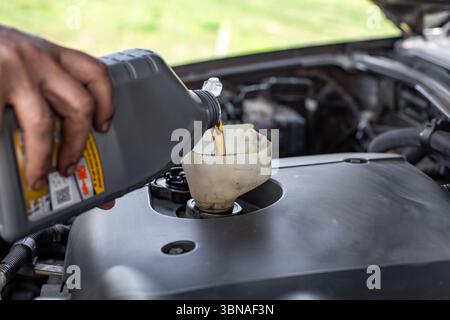 Autobesitzer gießen frisches Motoröl durch den Trichter in den Motor. Motorölwechsel, Nahaufnahme. Stockfoto