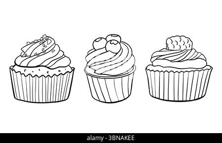 Cupcake Line Set. Schwarze Doodle-Essensillustration im Linienstil. Vektor-Clip-Art-Illustration auf weißem Hintergrund. Muffins im Line-Art-Stil Stock Vektor