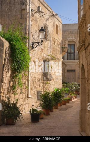 Mdina Malta Haus, Blick auf die Häuser in einer malerischen Straße in der Altstadt der historischen ummauerten Stadt Mdina, Malta Stockfoto