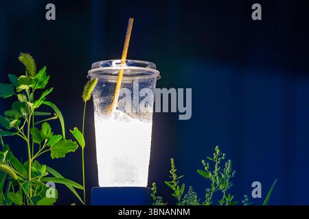 Glühendes Eisgetränk im Plastikbecher mit Papierstroh umgeben von wilden grünen Pflanzen bei Nacht Stockfoto