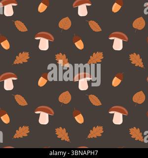 Nahtlos wiederkehrendes Herbstmuster mit Eicheln, Blättern und Pilzen für Stoffe, Tapeten, bedruckte Produkte, Verpackungen Stock Vektor
