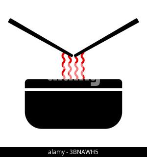 Schüssel Nudeln mit Stäbchen Vektor. Eine Schüssel gefüllt mit roten, welligen Nudeln, mit zwei schwarzen Essstäbchen, die oben positioniert sind, als würden sie die Nudeln anheben. Stock Vektor
