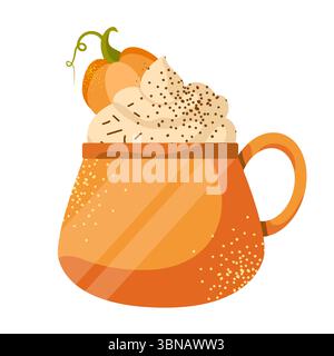 Vektor-Kürbis-Gewürz-Latte isoliert auf weißem Hintergrund. Herbstkaffee mit Schlagsahne Stock Vektor