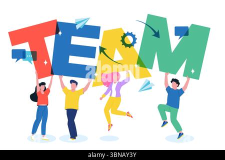 Leute, die leuchtende Buchstaben halten, Schreibwortteam. Vektor flache Zeichentrickillustration. Konzept von Teamarbeit, Einheit, Zusammenarbeit, Unternehmenserfolg, an Stock Vektor