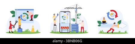 Aktualisierungsprozess für Software und mobile App festgelegt. Winzige Personen halten Drehpfeile, steuern den Fortschrittsbalken für das Hochladen auf dem Smartphone-Bildschirm, bewegen Sie den Status-Schieberegler, um die Aktualisierung der Cartoon-Vektor-Illustration zu starten Stock Vektor