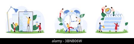 Zeitmanagement, Termin festgelegt. Winzige Leute, die versuchen, den Pfeil der Uhr zu stoppen, halten Sie die Glocke, um Geschäftsaufgaben, Veranstaltung und Meeting im Kalender und Checkliste zu planen, arbeiten mit Zeitplan Cartoon Vektor Illustration Stock Vektor