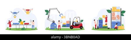 Fabriklager mit KI, automatisierte intelligente Ausrüstung für den Warenvertrieb. Winzige Leute und Roboter Arm arbeiten in der Postzustellung, laden Pakete auf Förderband Cartoon Vektor Illustration Stock Vektor