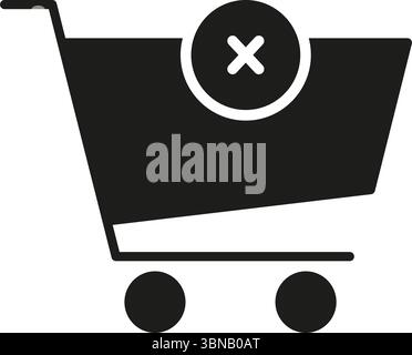 Warenkorb mit durchgehendem X-Symbol. Silhouettensymbol „Bestellung Stornieren“, „Aus Warenkorb Entfernen“ Oder „Kauf Ablehnen“. E-Commerce und Online-Shopping-Management Stock Vektor