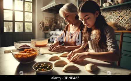 Die Kunst des Empanada-Crimpens: Großmutter und Enkelin im Detail Stockfoto