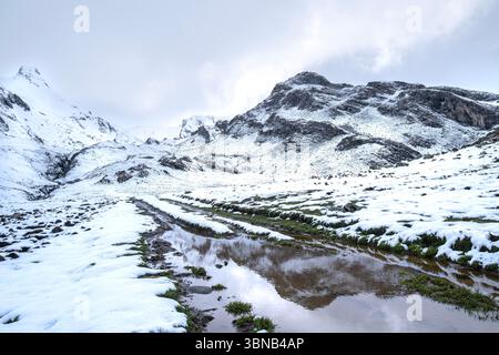 Ein Bild des Frühjahrs-Tauens mit einer großen Pfütze im Vordergrund, die den schneebedeckten Berggipfel im Hintergrund reflektiert Stockfoto