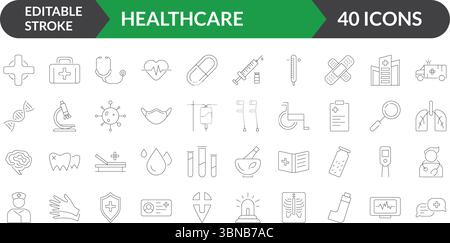 Healthcare Line Icons Vektor-Set, Editierbarer Schlaganfall Medical Icon Pack, Klinik, Krankenhaus, Behandlung, Diagnose Symbole Stock Vektor