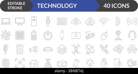 Technologielinien-Icons Vector Collection, Bearbeitbares Stroke Tech Icon Pack, Digitale Geräte, Innovation, Netzwerksymbole Stock Vektor