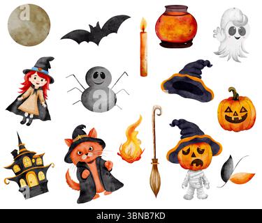 Aquarell Clipart Set für Halloween. Enthält gelben Mond, Fledermaus, Kerze, Tränkessel, freundlichen Geist, Zombie und Feuer und andere Elemente. Hand auf weißem Hintergrund gezeichnet. Stockfoto