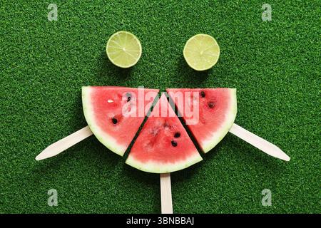 Wassermelonenscheiben auf Stöcken und Limettenhälften auf grünem Hintergrund. Komposition der Sommerfrüchte. Wassermelonenstücke und Kalk auf dem Gras, Blick von oben. Obst Stockfoto