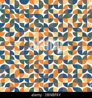 Nahtloses Muster im bauhaus-Stil in Farbe. Modernes Ornament mit Gitter- und Fliesenquadraten, Halbkreisen und Halbkreisen. Abstraktes geometrisches Retro Stock Vektor