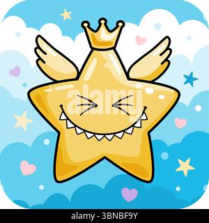Glücklicher Stern mit Krone und Flügeln in Wolken, Kawaii-Charakter Stock Vektor