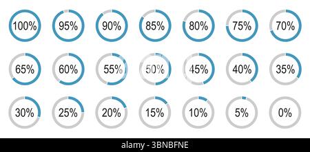 Runden Sie einfache Diagrammsymbole für Infografiken von 0 bis 100 Prozent ab. Blaue, graue Füllung der geteilten Kreisdiagramme. Infografiken in Prozent Stock Vektor