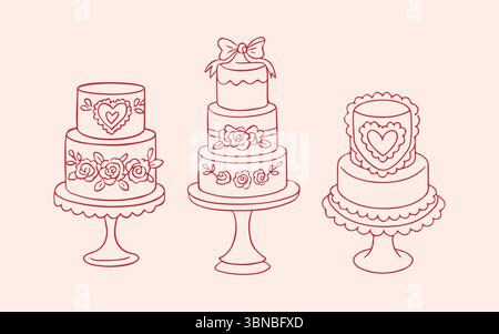 Set Hochzeitstorten in Rot. Handgezeichnete Vektor-romantische Illustration im Skizzenstil. Design für Grußkarte, Geschenkanhänger, Logo. Vektorabbildung Stock Vektor