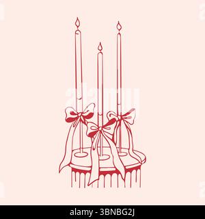 Handgezeichnete elegante Vintage-Kerzen mit umrissenen Bögen in roter Farbe. Vektorillustration im pariser Stil Retro-Skizze. Vektorabbildung Stock Vektor