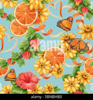 Nahtloses Muster mit Blume, Monarchschmetterling und Orangenscheibe. Aquarelldesign in leuchtendem Gelb, Blau und Orange. Ideal für Stoff oder Tapeten Stockfoto