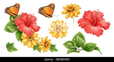 Set mit gelben Sonnenblumen und Monarchschmetterling in realistischem Aquarellstil. Roter Hibiskus und grüne botanische Elemente bilden lebendige tropische Elemente Stockfoto