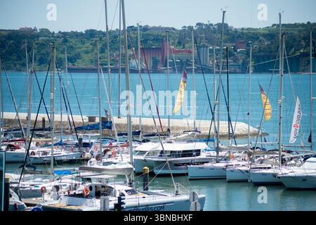Geschäftiger Yachthafen voller Segelboote, mit Industriehafenstrukturen und einer fernen Küste unter einem hellblauen Himmel. Die maritime Industrie in Lissabon. Stockfoto