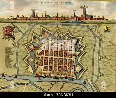 Detaillierte historische Karte von Nieuport (Belgien) aus einem atlas aus dem 17. Jahrhundert, die Stadtgestaltung, Befestigungen, Wasserstraßen und heraldische Symbole zeigt. SEATT Stockfoto