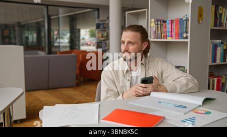 Kaukasischer Student Mann mit Handy am Tisch in der Klassenstunde im Klassenzimmer mit Handy chatten online männlicher Kerl, der Problem-Gadget studiert Stockfoto