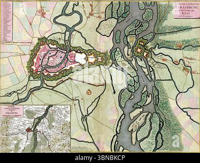 Vintage-kartographische Darstellung der Region Straßburg, die Flüsse, Befestigungen, Inseln und die umgebende landwirtschaftliche Landschaft darstellt. SITZ Stockfoto