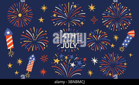 Flache Vektorset mit Elementen vom 4. Juli einschließlich Feuerwerk, Raketen, Hüten und patriotischen Sternen. Isoliert auf dunklem Hintergrund. Illustration des Aktienvektors Stock Vektor