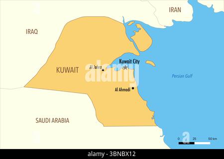 Karte von Kuwait mit großen Städten und Nachbarländern Stockfoto