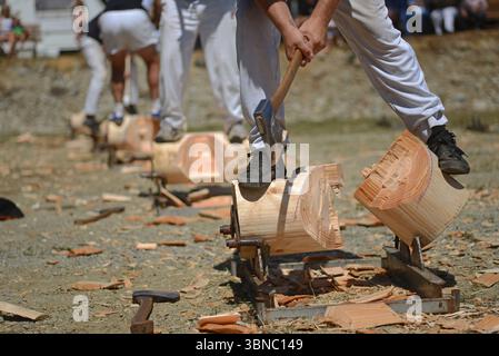 Ein Konkurrent beendet seinen Block bei der Woodchop-Veranstaltung, die den 150. Jahrestag der Gründung von Nelson Creek, Neuseeland, feiert Stockfoto