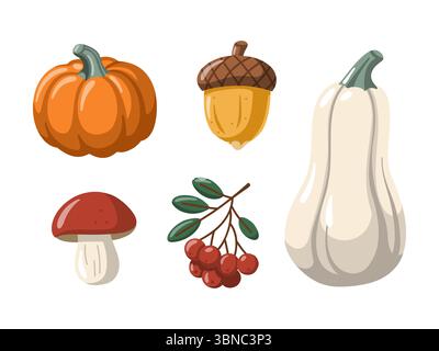Herbsternte Waldelemente mit Kürbissen, Beeren, Eicheln und Pilzen. Karikaturvektor isolierte Illustration Stock Vektor