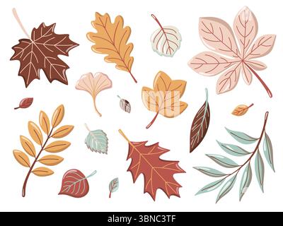 Set mit bunten Blättern von verschiedenen Bäumen im Herbst. Herbstherbarium. Zeichentrickvektor-Illustration auf weißem Hintergrund Stock Vektor
