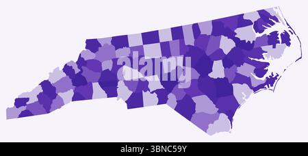 Karte von North Carolina mit Countys. Nur eine einfache Grenzkarte mit Bezirksverteilung. Dunkelviolett. Stock Vektor