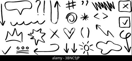 Einzigartige handgezeichnete Skizzen mit verschiedenen Symbolen und Symbolen. Vektorabbildung Stock Vektor
