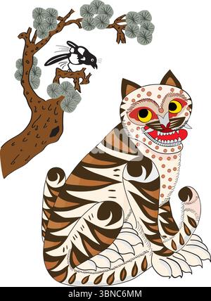 Traditioneller koreanischer Volkskunst-Vektor mit einem lächelnden Tiger und Elster unter einer Kiefer. Perfekt für Wandkunst, Tattoos, Dekor und kulturelle Designs. Stock Vektor