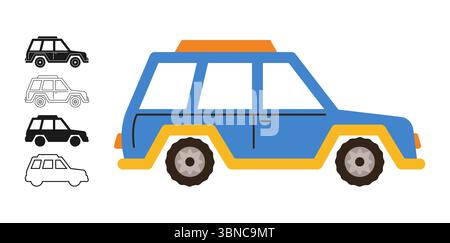 Auto Jeep Symbol Zeichentrickset. Handgezeichnetes süßes Auto-suv-Auto in verschiedenen Stilen farbige Silhouette Outline Kollektion. Einfache Kinder lustige Auto-LKW-Transport-Icon-Vektor-Illustration Stock Vektor