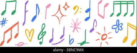 Handgezeichnete Noten und Symbole. Musical Sign Collection mit Kreide-Doodle. Holzkohlepinsel kritzelte Musikelemente, Sonne, Herz, Sterne bündeln. Farbenfrohe Zeichenstift-Tasten und clefs-Pack. Vektor Stock Vektor