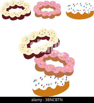 Vektor-Illustration von gestapelten Donuts mit pastellfarbenen Zuckerglasur und bunten Streuseln. Verspieltes Dessert-Clipart für Bäckereimenüs, Verpackungen oder digitale Nutzung. Stock Vektor