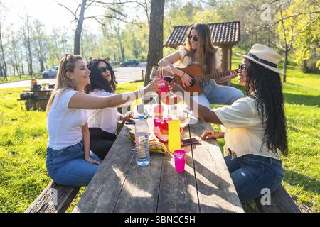 Vier verschiedene Freunde toasten während eines Picknicks mit Weingläsern, während einer an einem sonnigen Tag im Park Gitarre spielt Stockfoto