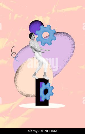 Trend-Artwork Poster Composite-Skizze Bild Collage von Motor Zahnrad Getriebe Maschinenorganisation junge Dame zu Fuß Hand Hand Hand Griff Detail Mechanismus Stockfoto